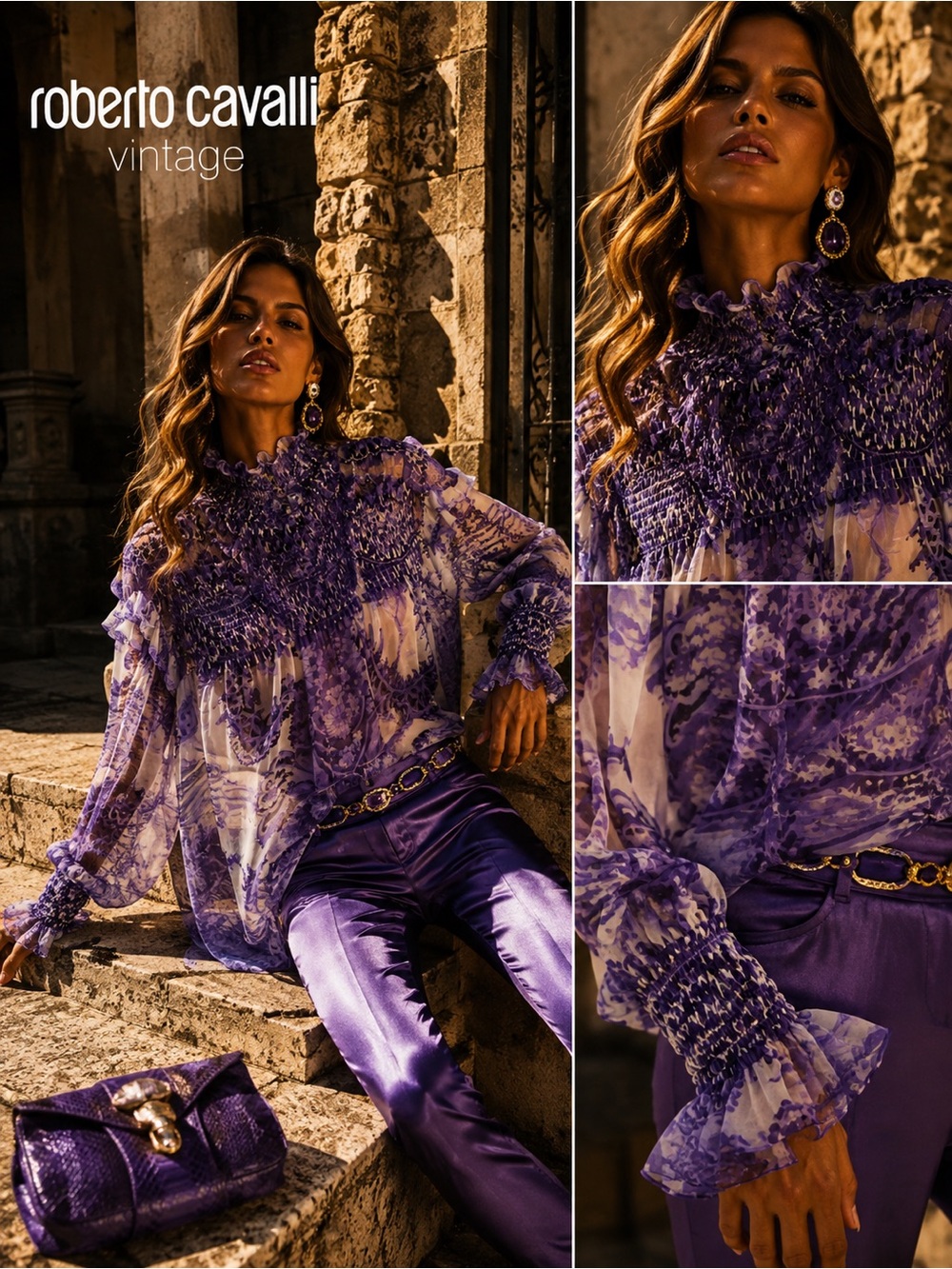 Roberto Cavalli Purple Floral Smocked Ruffle Blouse